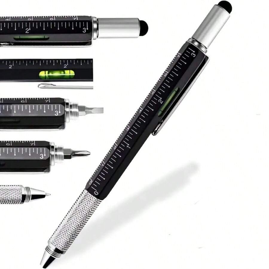 IZZONI 6-In-1 Multifunctional Tool Pen - Includes Ballpoint Pen Ruler Level Screwdriver And Handwriting Tip - Compact Metal Pen With Built-In Utility Features For Daily Use - Black - View 1