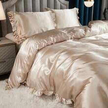 300 Thread Count Satin Duvet Cover Set Ruffled Duvet Cover Set Silk Like Satin Bedding Set Solid Color Bedding Sets Silky Ruffled Duvet Cover Set Luxury Hotel Bedding Cover Set All Season Quilt Cover With Pillowcases - Màu Khaki - Xem 3