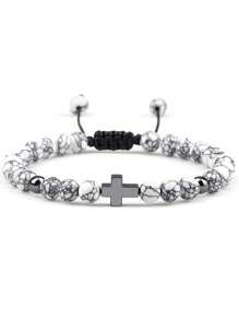 Handmade Woven Bracelet With Turquoise Cross Beads, Men Sports Accessory, European & American Import Jewelry
