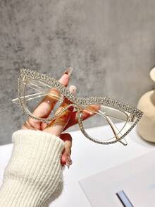 1 件装女士全框水钻装饰优雅美观透明眼镜，适合节日派对化妆户外个性化旅行配件 - 無色 - 查看 8