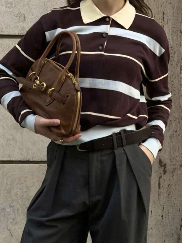 Ropa de otoño Ropa de invierno Estilo casual minimalista de universidad Bloque de color a rayas Camisa de polo de manga larga suelta con cuello de botón para mujer, adecuada para otoño/invierno, vintage/retro, sexy, linda, Y2K, chica de coco, bohemia, hippie, festival de música