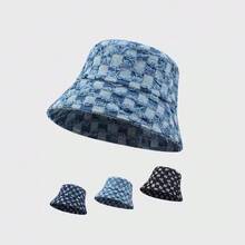 1pc New Arrival Fashionable Minimalist Checkerboard Pattern Wide Brim Camping Fishing Sun Hat, Stylish Korean Chic All-Season Casual Versatile Bucket Hat, Blue - Multicolor - View 1