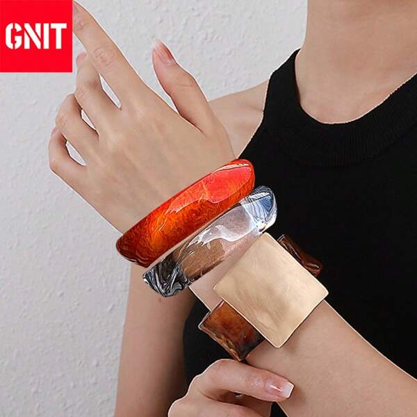 GNIT GNIT 3 Packs Acrylic Thick Cuff Bracelet Set | Elegant Geometric Punk Style! Thick Statement Jewelry, Essential For Daily/Party Wear, Summer Beach Travel Outfits | Valentine's/Mother's Day Gifts, Graduation/Easter Dance Accessories