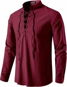 Men's Pure Cotton Retro Lace Up Shirts For Renaissance Pirate Viking Medieval - Burgundy - View 1