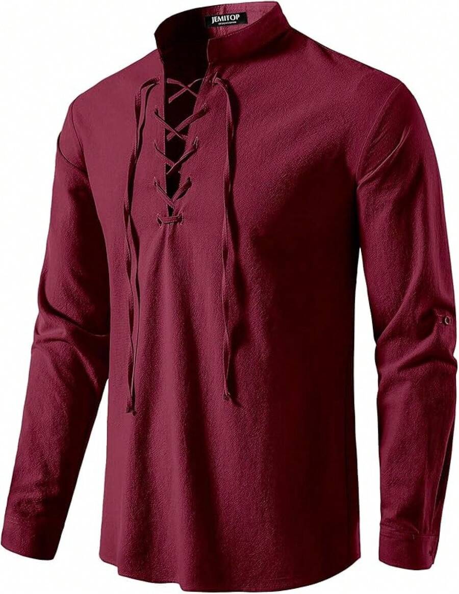 Men's Pure Cotton Retro Lace Up Shirts For Renaissance Pirate Viking Medieval - Burgundy - View 1