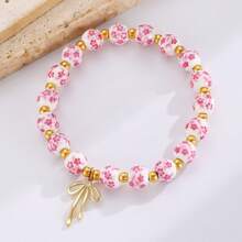 Elegant Vintage Bow Pendant, Patterned Ceramic Beaded Bracelet For Women, Fashion Jewelry Accessory, Gift Idea For Boyfriend Or Girlfriend, Porcelain Bead Bracelet Set
