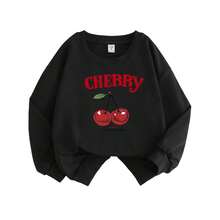 2pcs/Set Cherry Print Crew Neck Sweatshirt And High Waist Flare Pants, Casual Minimalist Design, Suitable For Children And Teenagers, Autumn/Winter - Black - View 2