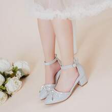Girls Sandals Closed Toe High Heels Pointed Toe Ankle Strap Pumps Flower Girl Dressy Shoes In Wedding Party Cute Bowknot Chunky Block Heeled For Little Big Kids - 细粉銀 - 查看 5
