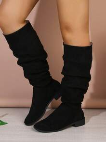 New Women Plus Size Suede Solid Color Fashion Knee-High Boots, Stylish Square Toe Flat Western Boots, Fashionable Single-Lined Pleated Boots For All Seasons, Versatile Slip-On Wrinkled Comfortable Boots, Soft Sole Solid Color Plus Size Slimming Classic Slouch Boots