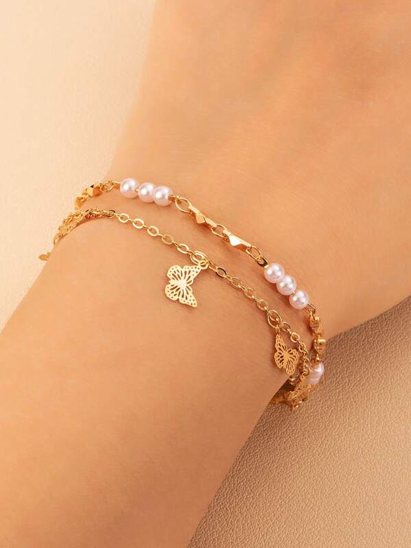 1pc Butterfly Pendant Metal Bracelet, Pearl Beaded Double Layer Bracelet, Summer Beach Vacation Jewelry (Handmade Butterfly And Pearl Quantity And Position Random)