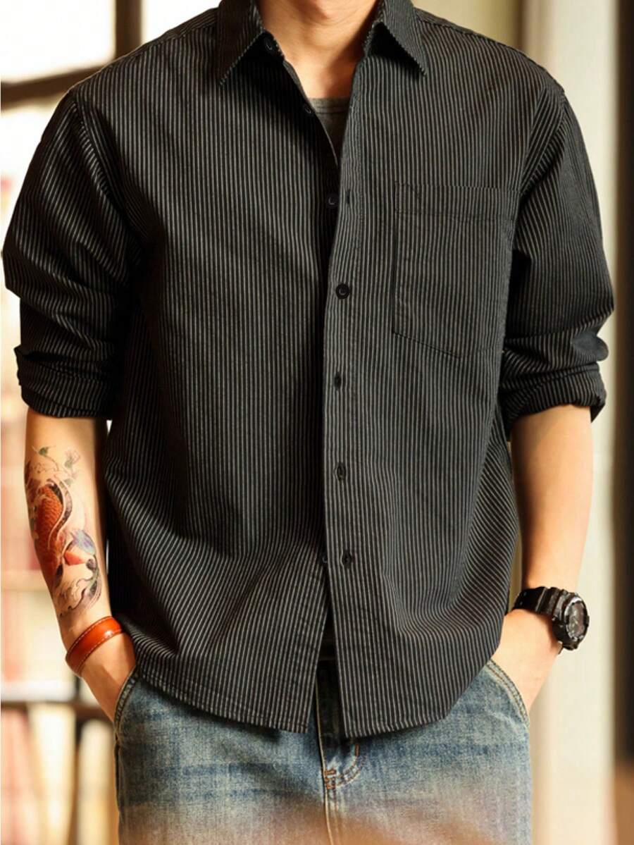 Men's Commuter Versatile Casual Fine Striped Long Sleeve Shirt, Corduroy Jacket