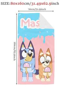 1 pieza Toalla de playa con el nombre personalizable de Bluey, que presenta el diseño de dibujos animados de Bluey comiendo helado, una toalla de baño suave y de secado rápido para la playa. Un artículo imprescindible para viajes y una prenda esencial de moda de playa para viajes de verano. - Helado para dos bluey - Ver 14