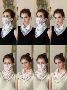 1PC 2025 Summer Sunscreen UV Flower Pattern Veil, Ice Silk Breathable Face Protection Triangle Silk Scarf Women's Ear Hanging Neck