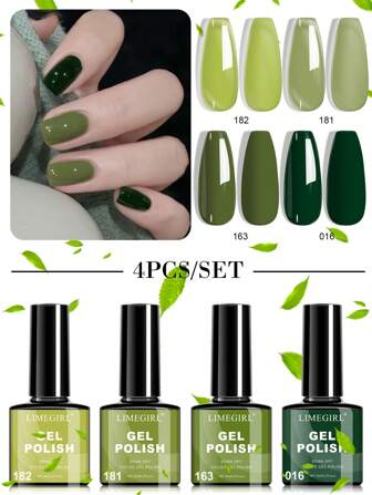  LIMEGIRL 4 件凝胶指甲油套装，夏季色彩系列，持久，深绿色橄榄绿半透明浅绿色，浸泡凝胶指甲油套装，美甲工具和配件，女士礼物