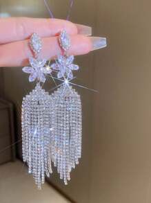 1 Pair Crystal Teardrop & Floral Tassel Dangle Earrings