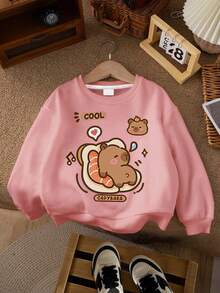 1 件女孩趣味元素和卡通水豚圆领运动衫，可爱，春秋季学校活动个性化风格