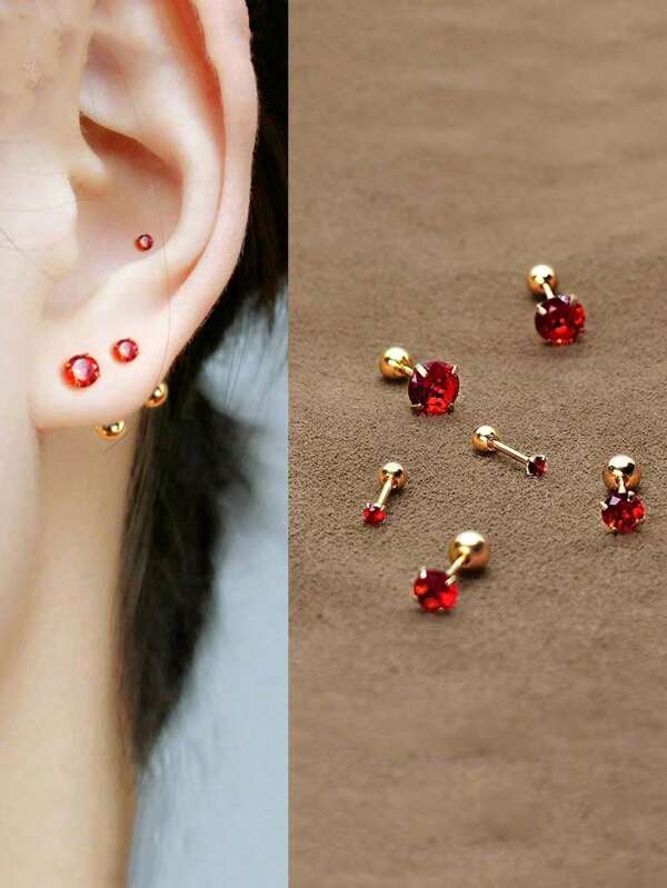 Ein Paar 925 Sterling Silber modische retroStyle 2mm 4mm 6mm rote runde kubische Zirkonia Ohrstecker für Frauen, Alltagstragen, Freundschaftspartys, Schmuckgeschenk