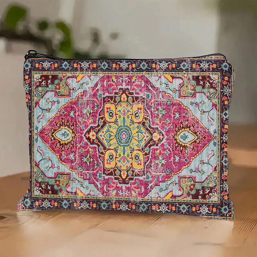 1pc Retro Bohemian Print Canvas Makeup Bag, Toiletry Wash Organizer Pouch & Gift Bag, Travel Storage Bag & Coin Purse, Lightweight, Foldable, Zippered, Machine Washable For Travel, Gym, Camping, Business Or Home Use, Chic Accessory, Perfect Gift For Women, Teachers, And Friends