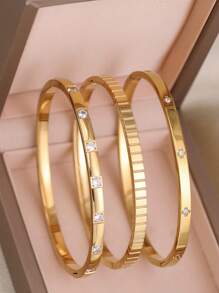 3pcs/1pc Fashion 18K Gold Plated Stainless Steel Four-Leaf Clover Nail Bracelet, Suitable For Women's Party, Daily Wear, European And American Style, Personalized, Generous, Luxury Cubic Zirconia Wristband, Wedding Jewelry Set, Gift For Girls, Women, Relatives, Friends, Beautiful Wedding, Birthday, Valentine's Day