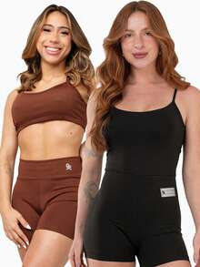 Backless Strappy Jumpsuit Kit + Fitness Set Strap Top Shorts Mid-Thigh Zero Transparency Gym - Cà phê nâu - Xem 1