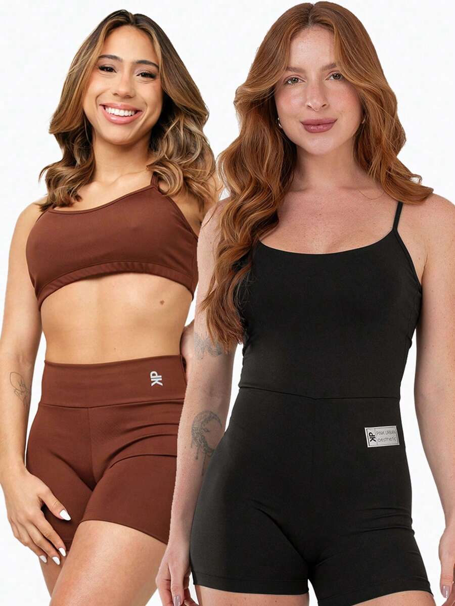 Backless Strappy Jumpsuit Kit + Fitness Set Strap Top Shorts Mid-Thigh Zero Transparency Gym - Cà phê nâu - Xem 1