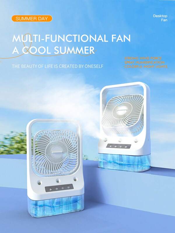 Ventilateur de climatiseur portable de bureau mini avec fonction 3-en-1 (refroidissement par ventilateur/humidificateur/veilleuse), avec 3 réglages de vitesse, 3 têtes de pulvérisation ultrasonique et éclairage ambiant. Rafraîchisseur évaporatif de bureau portable, humidificateur, convient aux pièces, aux maisons ou aux voitures