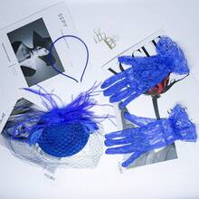 20s 50s Pillbox Derby Fascinator Hat Fascinators Hair Clip Wedding Tea Party Hat And Short Lace Gloves Women - 藍色 - 查看 4