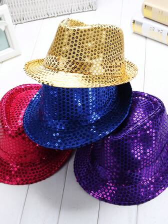 1pc Polyester Solid Color Metallic Sequin Jazz Hat, British Style Unisex All-Season Performance Sun-Shading Dance Show Cap