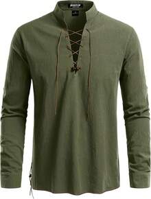 Men's Pure Cotton Retro Lace Up Shirts For Renaissance Pirate Viking Medieval - Green Retro - View 2