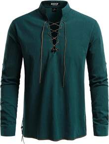 Men's Pure Cotton Retro Lace Up Shirts For Renaissance Pirate Viking Medieval - Xanh lá cây đậm Retro - Xem 2
