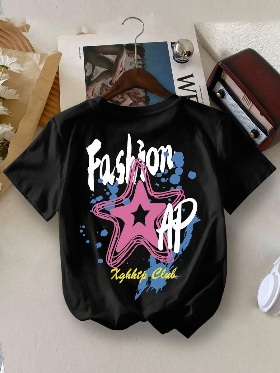 Young Boy Yongboy 休闲涂鸦星星字母印花圆领夏季T恤 - 黑色 - 查看 1