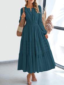 Women Fall Maxi Dresses Long Sleeve High Waist Tiered Flowy A-Line Boho Bohemian Long Dress Beach Holiday Vacation Wedding Guest Valentine Outfit - 湖藍色 - 查看 1
