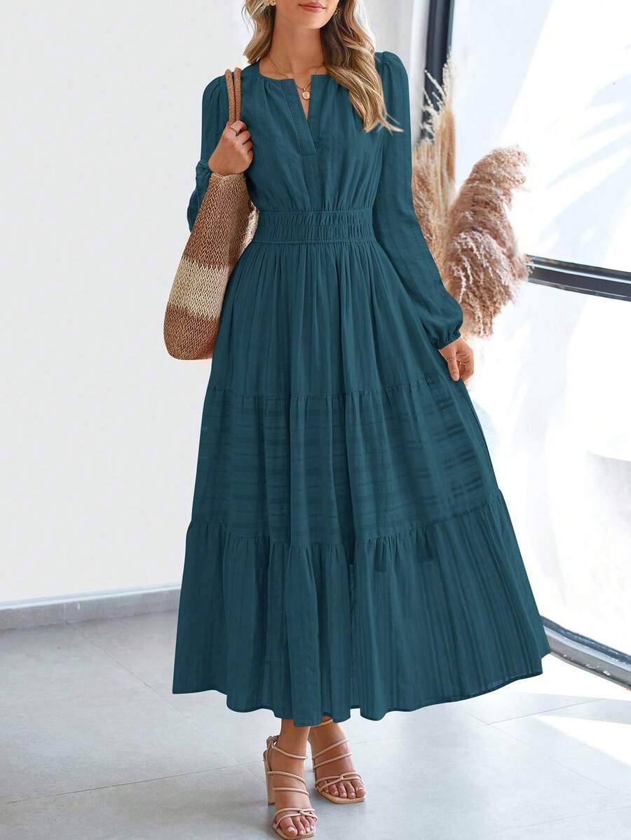 Women Fall Maxi Dresses Long Sleeve High Waist Tiered Flowy A-Line Boho Bohemian Long Dress Beach Holiday Vacation Wedding Guest Valentine Outfit - 湖藍色 - 查看 1