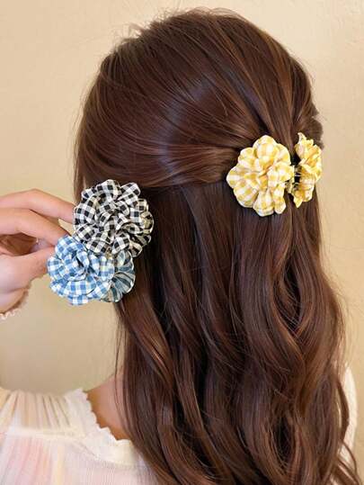 1pc/2pcs 5cm/1.96in Small Plaid Flower Claw Hair Clips, Hair Claw For Women, Suitable For Daily Matching, Party And Ball Matching,For Thin Hair, School Stuff, College Hair Accessories Fashion Hair Claw Clips Autumn Accessories Fall Winter For Vacation Outfits Woman