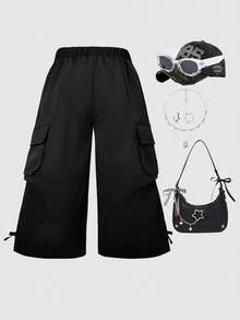 年轻女孩黑色工装口袋宽松阔腿裤