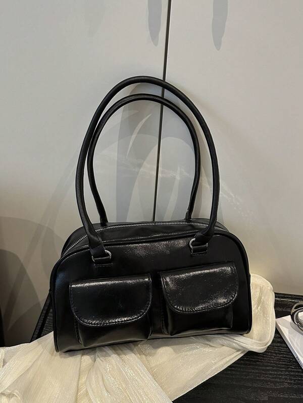 1 Minimalist Retro Zippered Open Shoulder Bag Pocket Decoration Double Handle Handbag Suitable For Women's Daily Leisure Commuting Use, Vintage Bag For Women, Street & Japanese Bag For Women