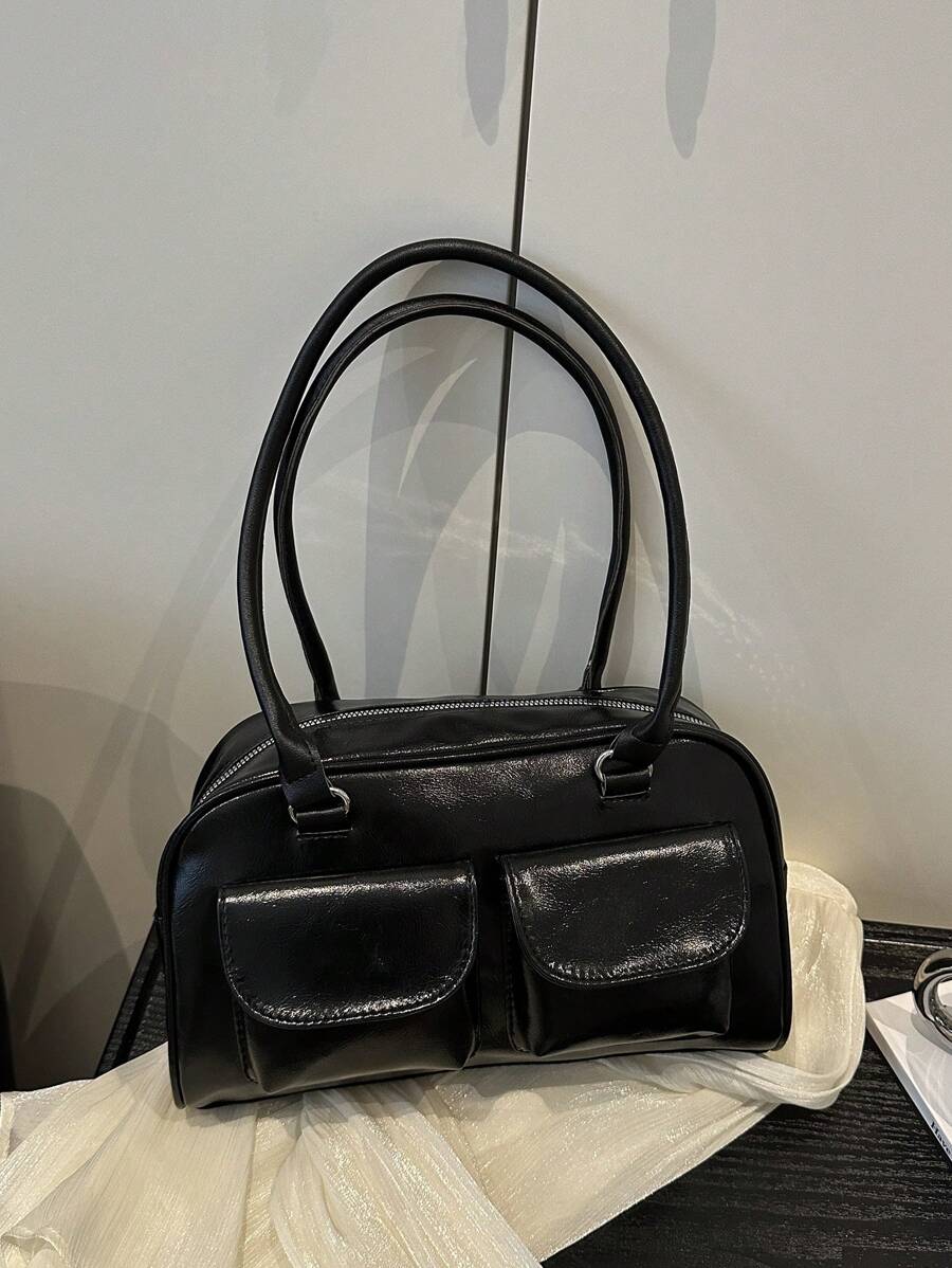 1 Minimalist Retro Zippered Open Shoulder Bag Pocket Decoration Double Handle Handbag Suitable For Women's Daily Leisure Commuting Use, Vintage Bag For Women, Street & Japanese Bag For Women