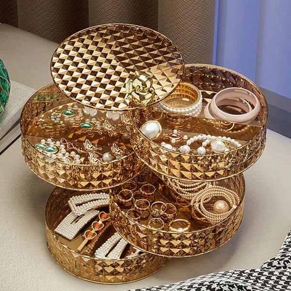 1 pièce Plateau rotatif doré ambre - Organisateur de luxe grande capacité pour bijoux, rouge à lèvres et maquillage, support d'affichage élégant pour la maison, le salon (design premium et gain de place) Organisateur de stockage pour femmes, essentiels de voyage, retour à l'école, dortoir