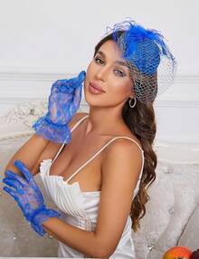20s 50s Pillbox Derby Fascinator Hat Fascinators Hair Clip Wedding Tea Party Hat And Short Lace Gloves Women - 藍色 - 查看 3
