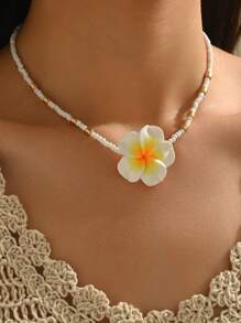 1 pieza Collar de cerámica con flor de estilo vacacional de playa, collar de gargantilla hecho a mano con cuentas estilo bohemio