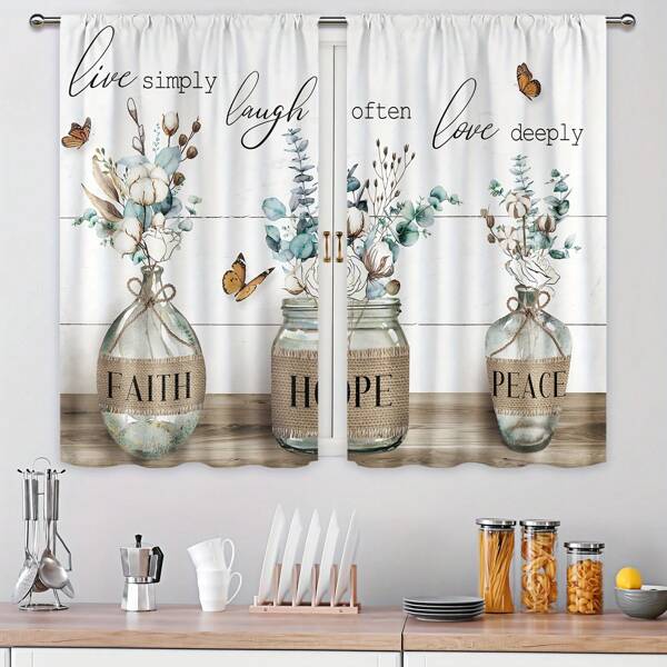 2pcs -Polyester Country Farmhouse Flower Kitchen Curtains Wear Pole Eucalyptus Leaves Butterfly Plants Vintage Modern Print Home Decor Living Room Bedroom Dining Room Cafe Office Decor Curtains