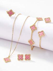 6 Pcs Clover Earring Necklace Bracelet Bangle Ring Jewelry Set For Women