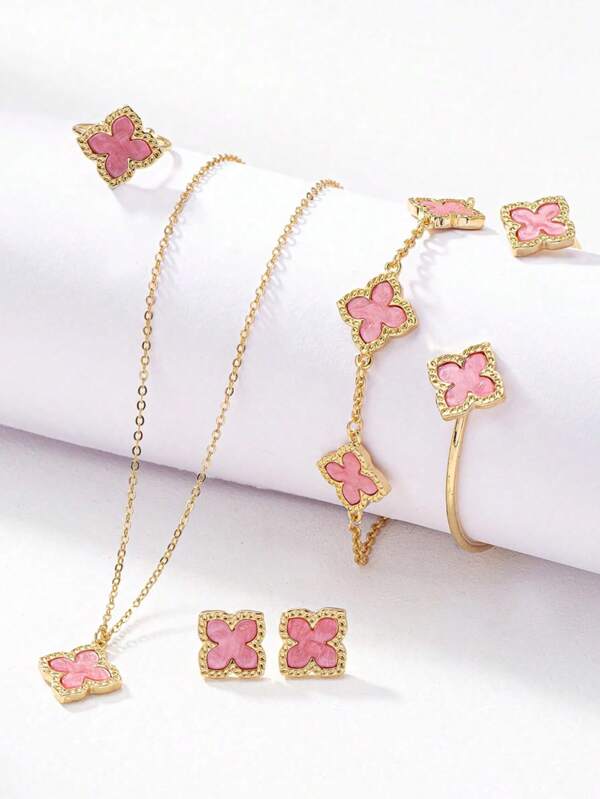 6 Pcs Clover Earring Necklace Bracelet Bangle Ring Jewelry Set For Women