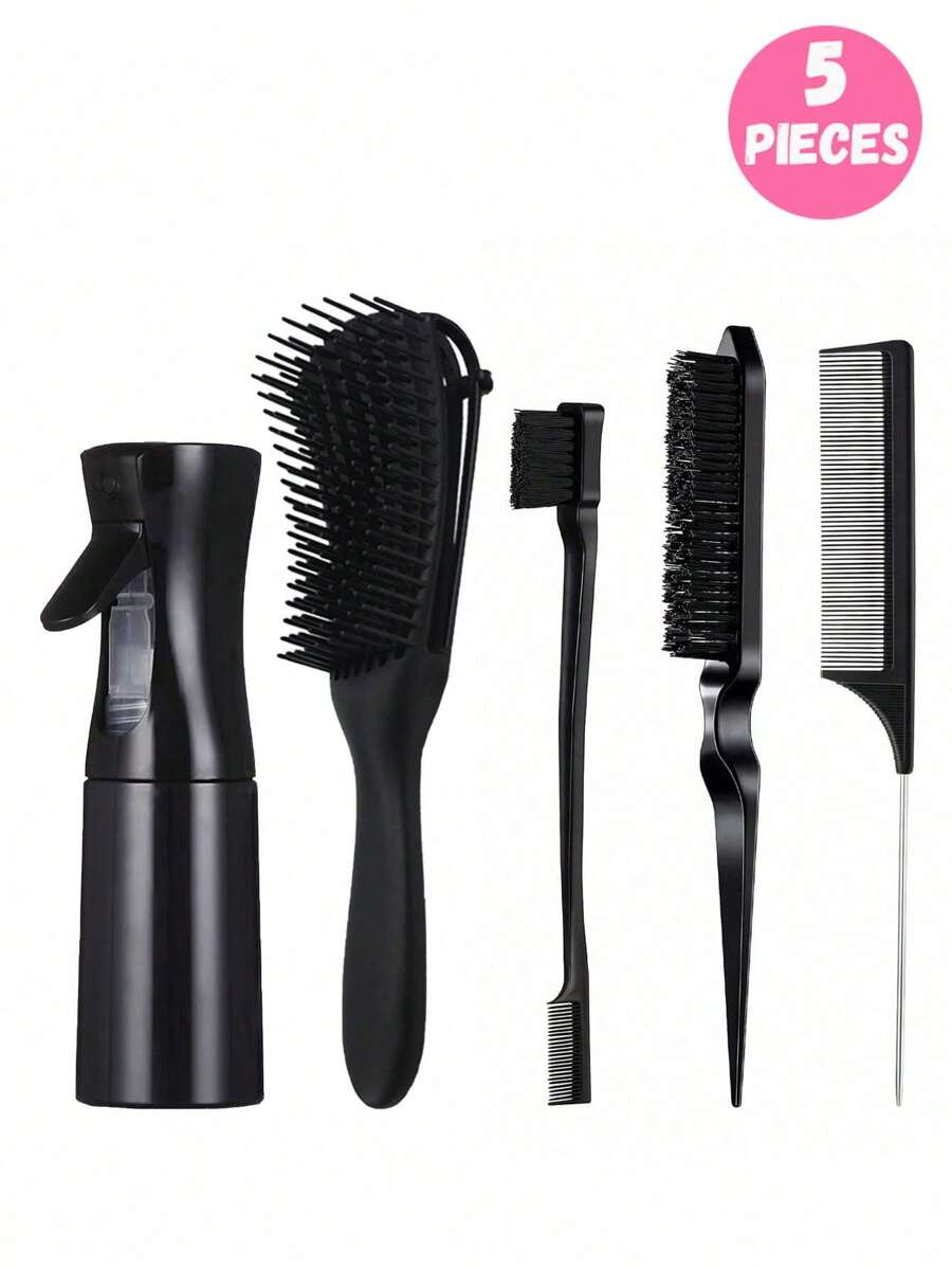 5/3/1 Peça Conjunto de Escovas com Nó, (6,8 oz/200 ml) Garrafa de Spray com Névoa Fina Contínua, Escova com Nó em Forma de Concha Preta Adequada para Cabelo de Meninas, Escova Lúdica com Borda de Pente com Cauda de Rato, Adequada para Design de Penteados e Cabeleireiros