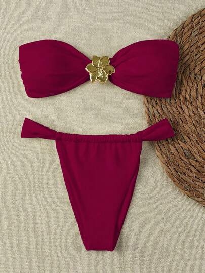 New Arrival Spring/Summer Sexy & Elegant Solid Color Burgundy Strapless Women Bikini Swimsuit, Suitable For Beach, Vacation, Party, Date