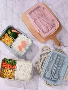 1 pieza, Lonchera de microondas con cuchara y palillos, recipiente de almacenamiento de alimentos y vajilla, fiambreras para la escuela, la oficina, la pesca y el camping