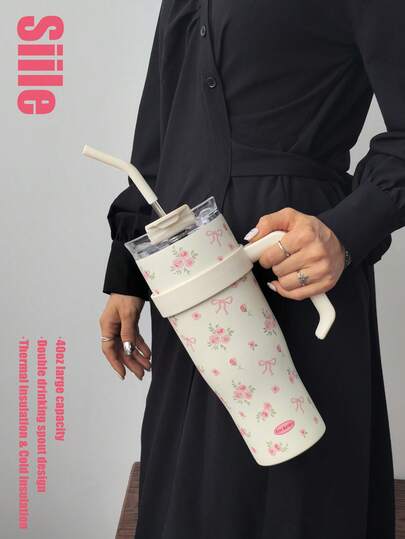 1 件 40 盎司粉色花卉蝴蝶结设计玻璃杯、手柄杯、冰块杯、保温杯、杯子、水瓶、咖啡杯、带吸管的办公杯、双饮水嘴设计（带吸管）、不锈钢双层隔热，适用于节日礼物、生日礼物、办公室、汽车、户外、健身房、旅行、家居