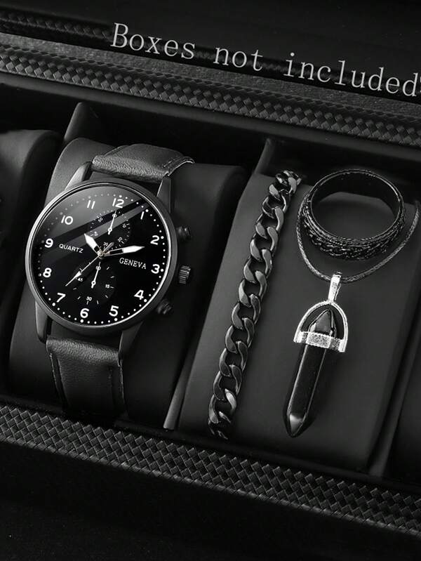 Conjunto de 4 piezas: Reloj casual deportivo de cuarzo de piel de PU para hombre, pulsera, collar con colgante de bala y anillo