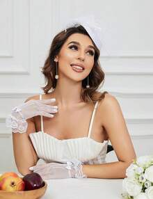 20s 50s Pillbox Derby Fascinator Hat Fascinators Hair Clip Wedding Tea Party Hat And Short Lace Gloves Women - 白色 - 查看 2
