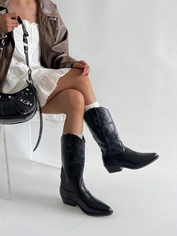 Women's V-Cut Mid-Calf Western Boots, New Autumn/Winter Version, Black Color With Embroidery , Knight Boots With Chunky Heels